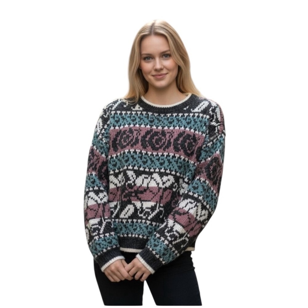 Vintage 80's Paris Sport Club Chunky Fair Isle Oversize Sweater M Breakfast Club